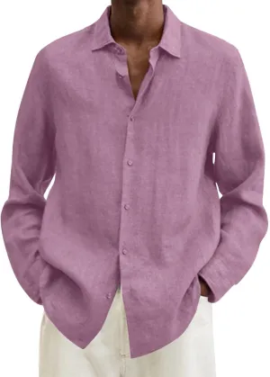 Men's Casual Button Down Shirt Regular Fit Long Sleeve Linen Chambray Shirt Solid Holiday Travel Shirt Fall Tops