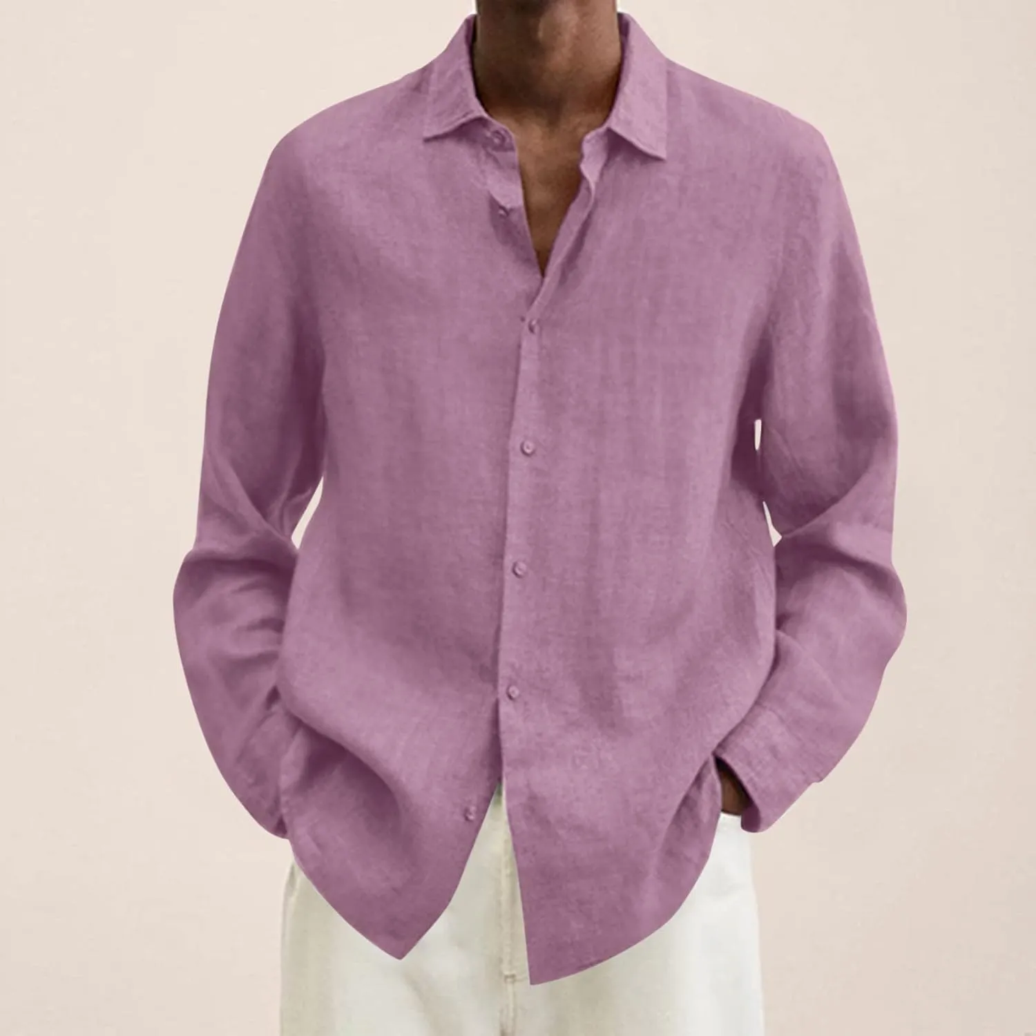 Men's Casual Button Down Shirt Regular Fit Long Sleeve Linen Chambray Shirt Solid Holiday Travel Shirt Fall Tops