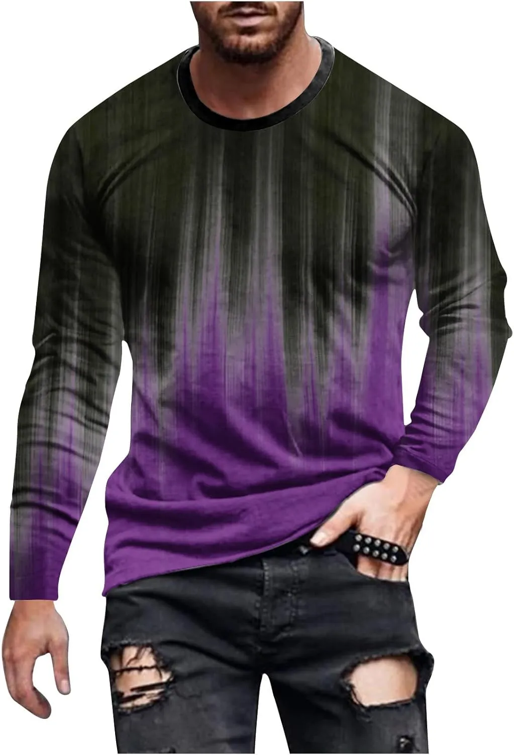Men's Casual Round Neck Long Sleeve Pullover Printed T-Shirt Blouse Tops, 2024 Tall and Big Mens Tops Fall Trendy