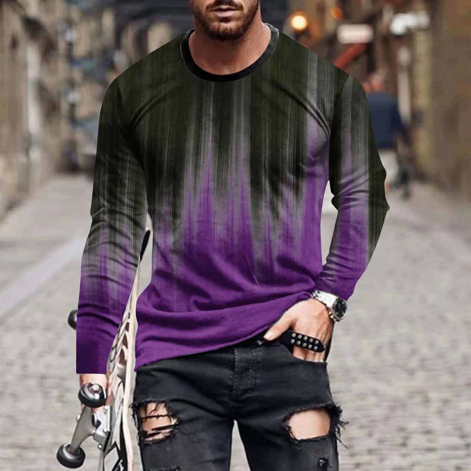 Men's Casual Round Neck Long Sleeve Pullover Printed T-Shirt Blouse Tops, 2024 Tall and Big Mens Tops Fall Trendy
