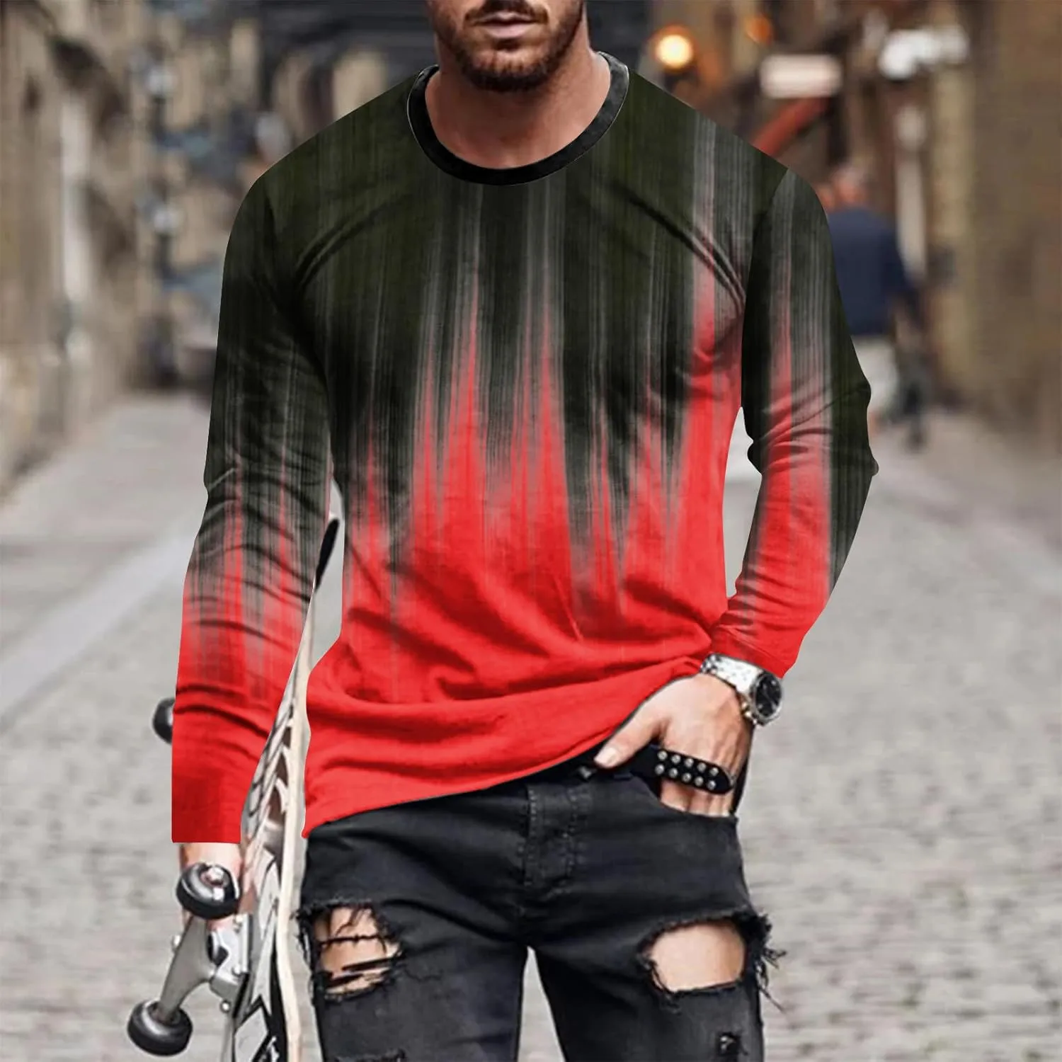Men's Casual Round Neck Long Sleeve Pullover Printed T-Shirt Blouse Tops, 2024 Tall and Big Mens Tops Fall Trendy