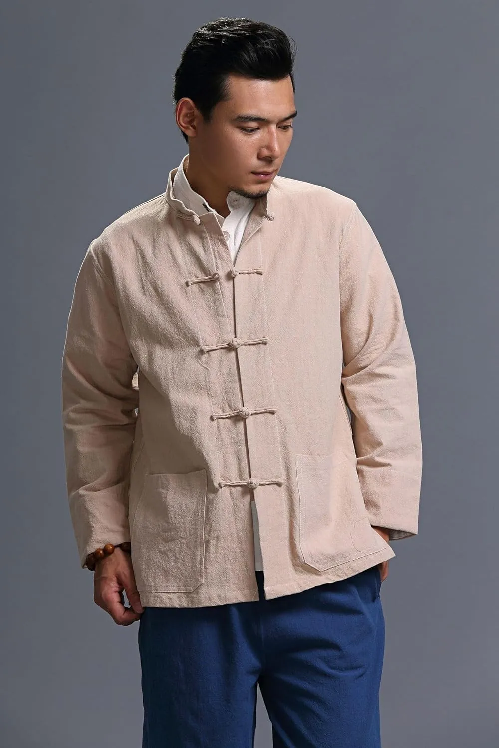 Men's Chinese Linen Cotton Blouse Shirts Long Sleeve Frog-Button Jacket Shirt Tai Chi Kung Fu Shirts with Pocket