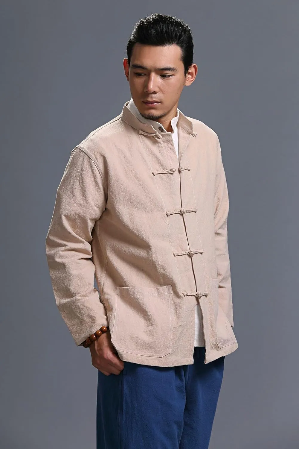 Men's Chinese Linen Cotton Blouse Shirts Long Sleeve Frog-Button Jacket Shirt Tai Chi Kung Fu Shirts with Pocket