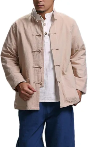 Men's Chinese Linen Cotton Blouse Shirts Long Sleeve Frog-Button Jacket Shirt Tai Chi Kung Fu Shirts with Pocket
