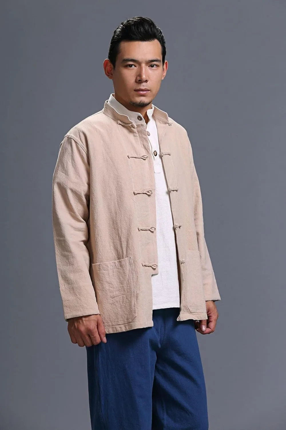 Men's Chinese Linen Cotton Blouse Shirts Long Sleeve Frog-Button Jacket Shirt Tai Chi Kung Fu Shirts with Pocket