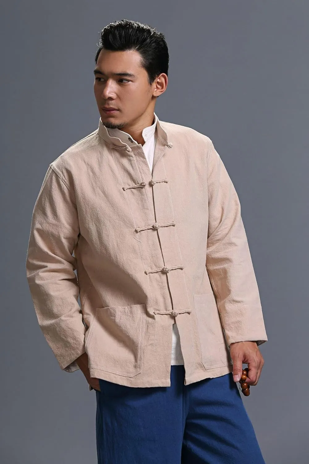 Men's Chinese Linen Cotton Blouse Shirts Long Sleeve Frog-Button Jacket Shirt Tai Chi Kung Fu Shirts with Pocket