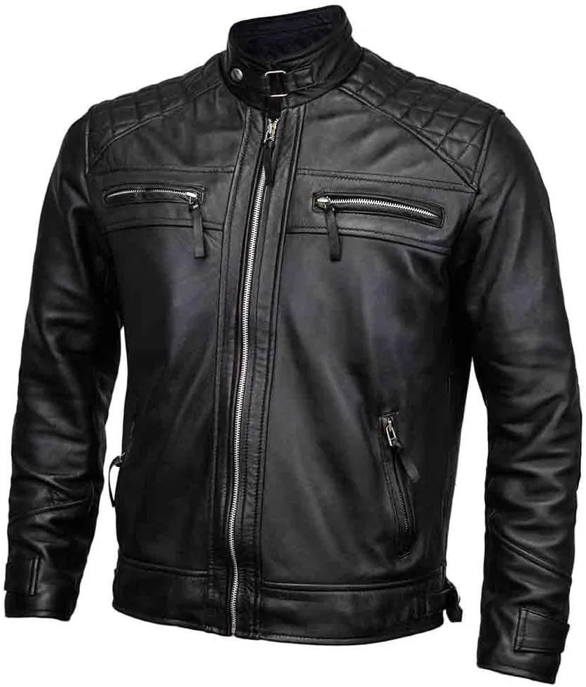 Mens Classic Diamond Leather Jacket | Men Biker Jacket | Cafe Racer Leather Jacket