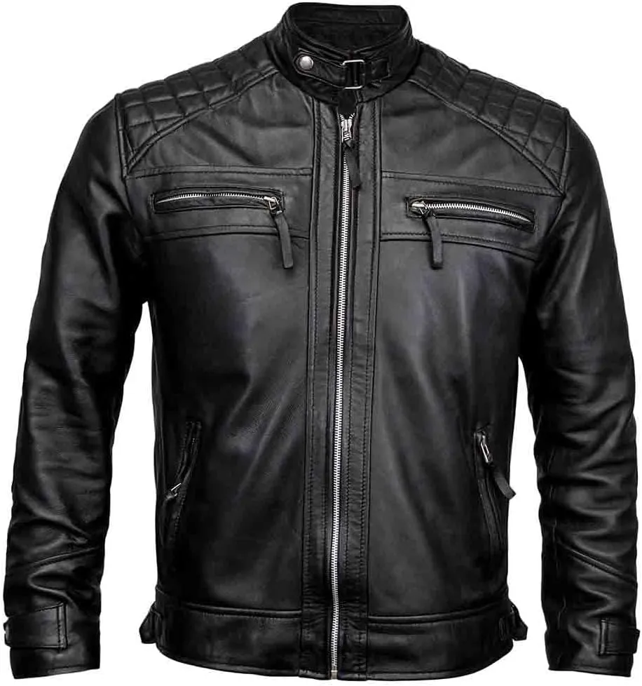 Mens Classic Diamond Leather Jacket | Men Biker Jacket | Cafe Racer Leather Jacket