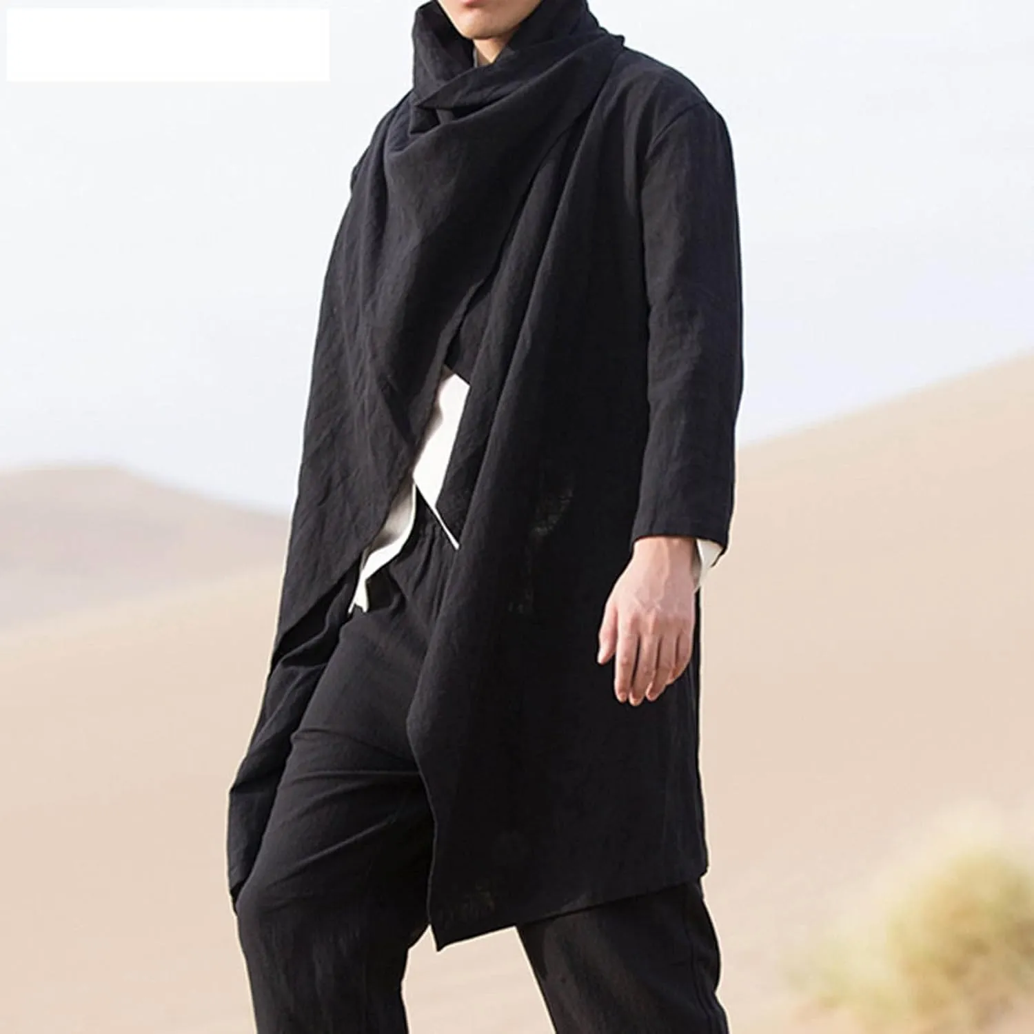 Mens Cotton and Linen Cape Long Irregular Cloak Long Sleeve Coat Suede Shirt Oversized Jackets Winter Coat