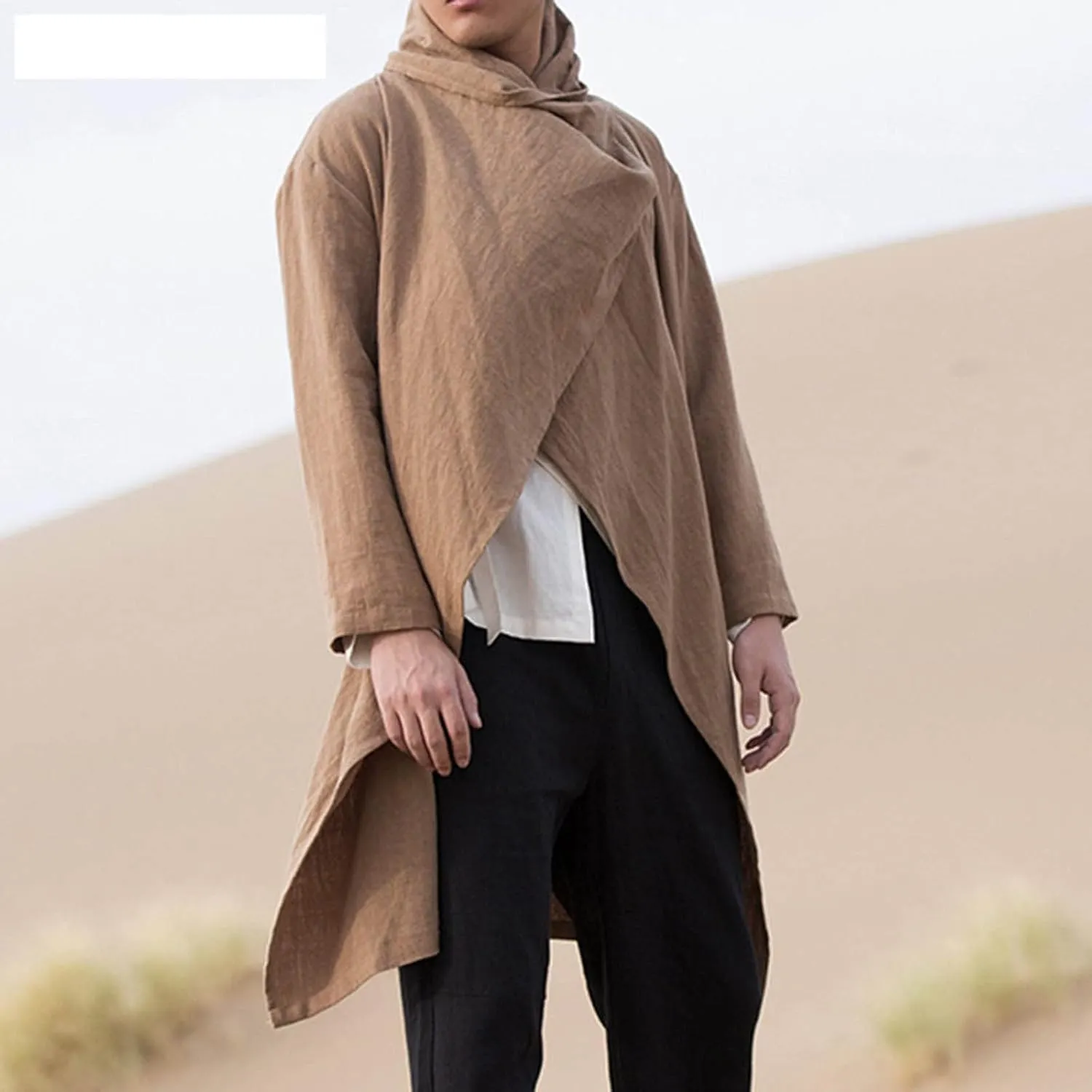 Mens Cotton and Linen Cape Long Irregular Cloak Long Sleeve Coat Suede Shirt Oversized Jackets Winter Coat