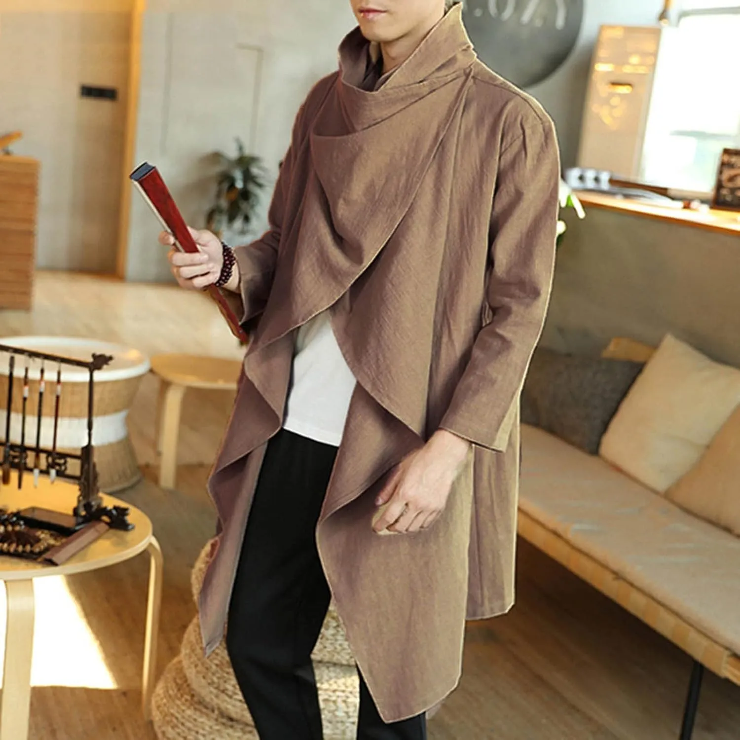 Mens Cotton and Linen Cape Long Irregular Cloak Long Sleeve Coat Suede Shirt Oversized Jackets Winter Coat