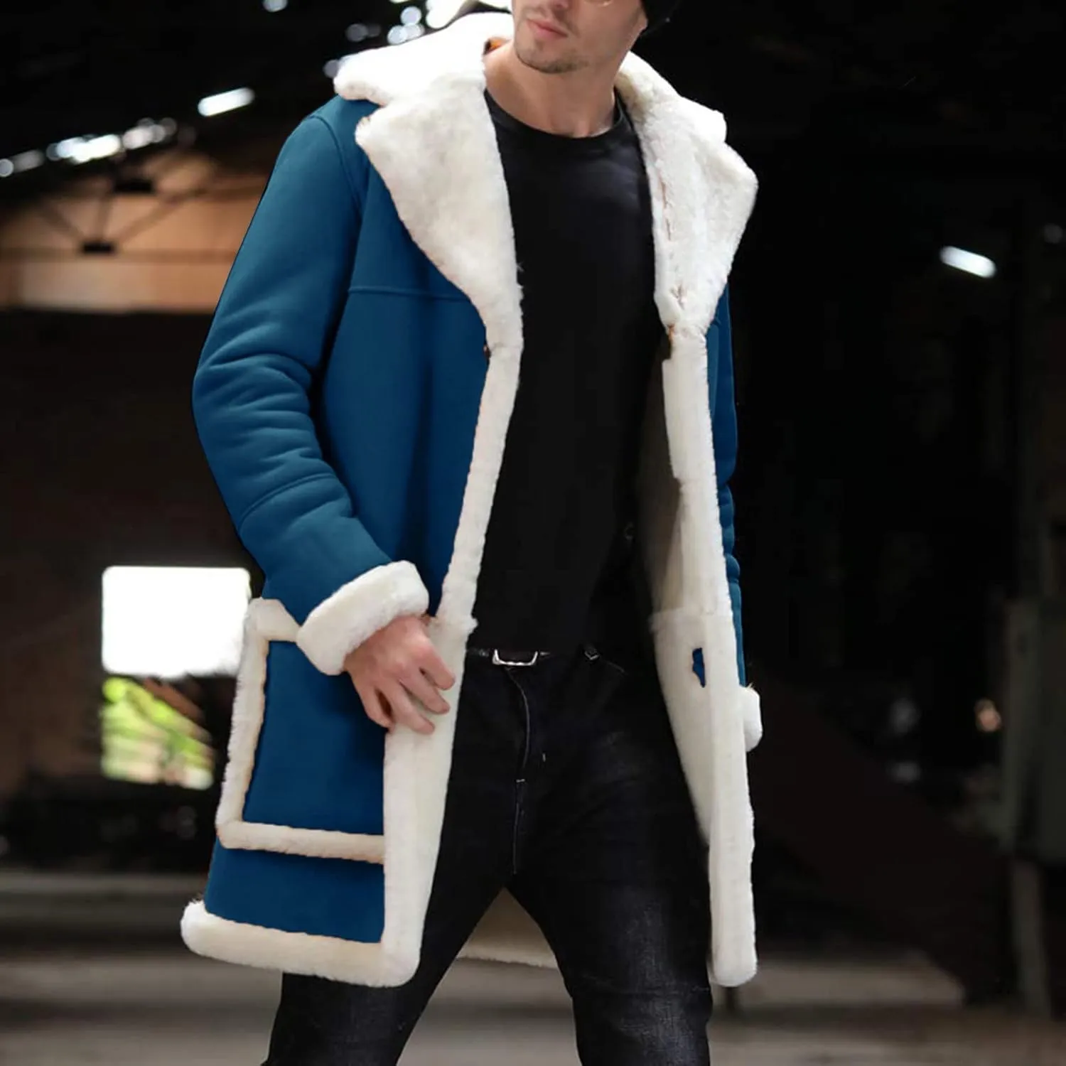 Mens Faux Leather Jacket Cozy Sherpa Fleece Lined Bomber Jackets Winter Coat Heavyweight Suede Faux Fur Trench Coat