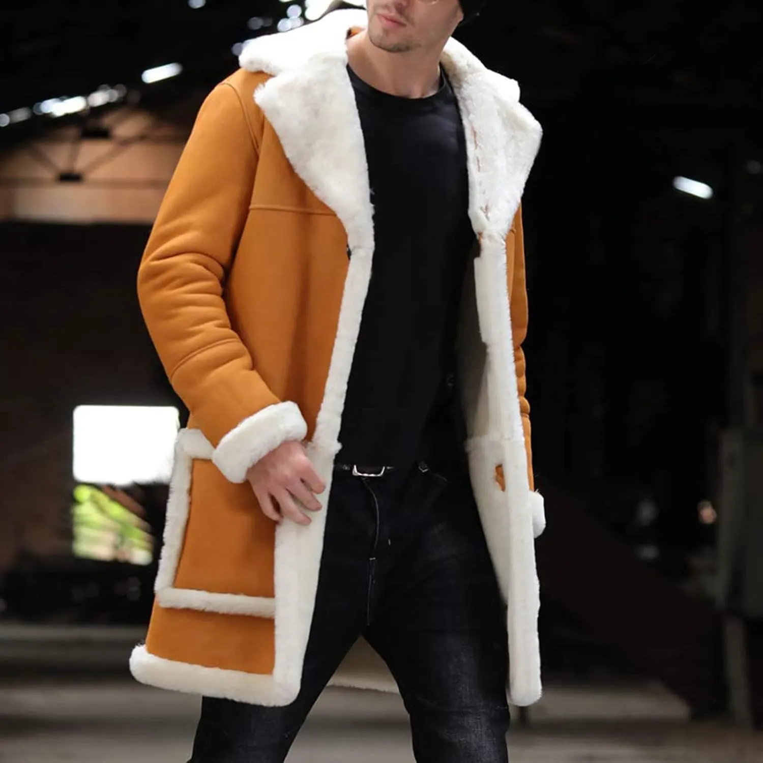 Mens Faux Leather Jacket Cozy Sherpa Fleece Lined Bomber Jackets Winter Coat Heavyweight Suede Faux Fur Trench Coat
