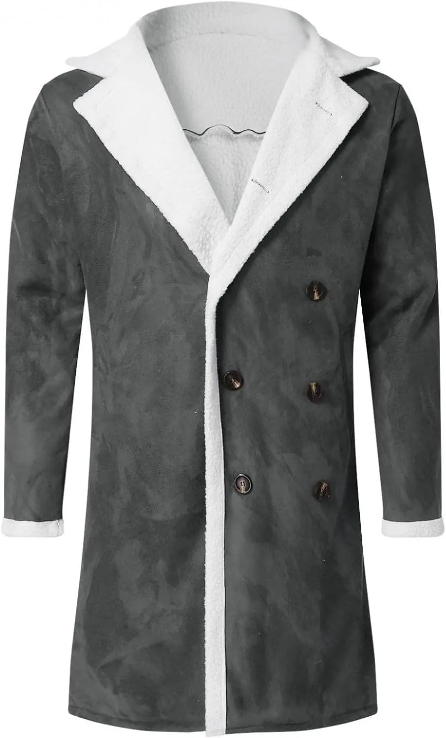 Mens Faux Leather Sherpa Lined Long Jacket Fur Collar Long Trench Coats Sheepskin Fleece Coat Double Breasted with Pockets