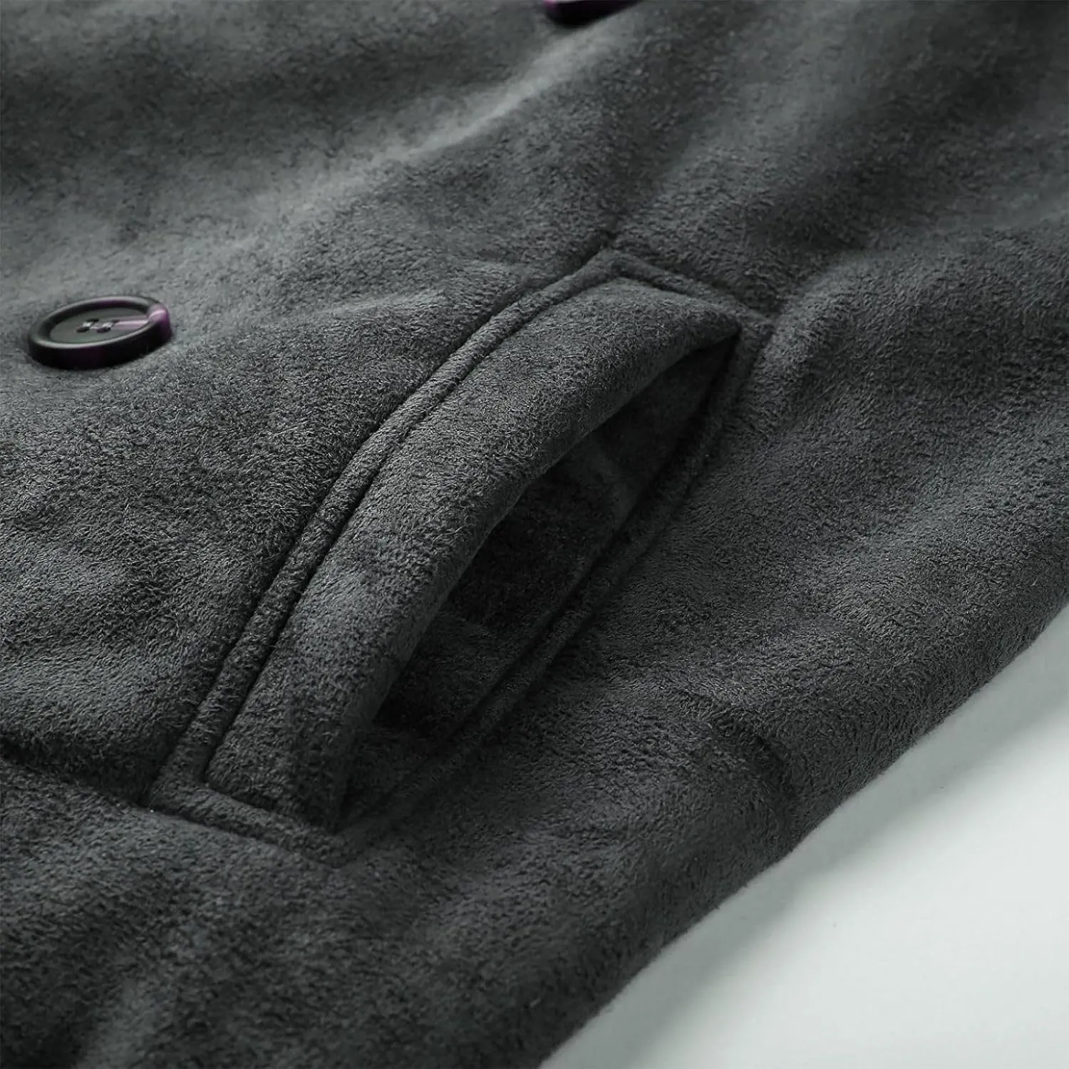 Mens Faux Leather Sherpa Lined Long Jacket Fur Collar Long Trench Coats Sheepskin Fleece Coat Double Breasted with Pockets