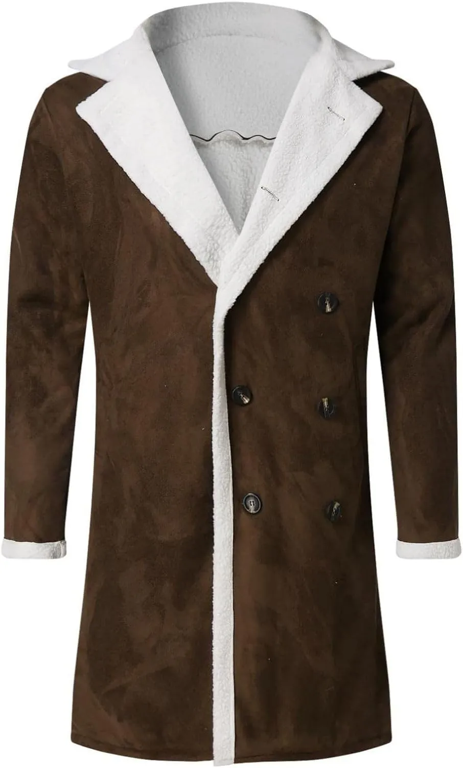 Mens Faux Leather Sherpa Lined Long Jacket Fur Collar Long Trench Coats Sheepskin Fleece Coat Double Breasted with Pockets