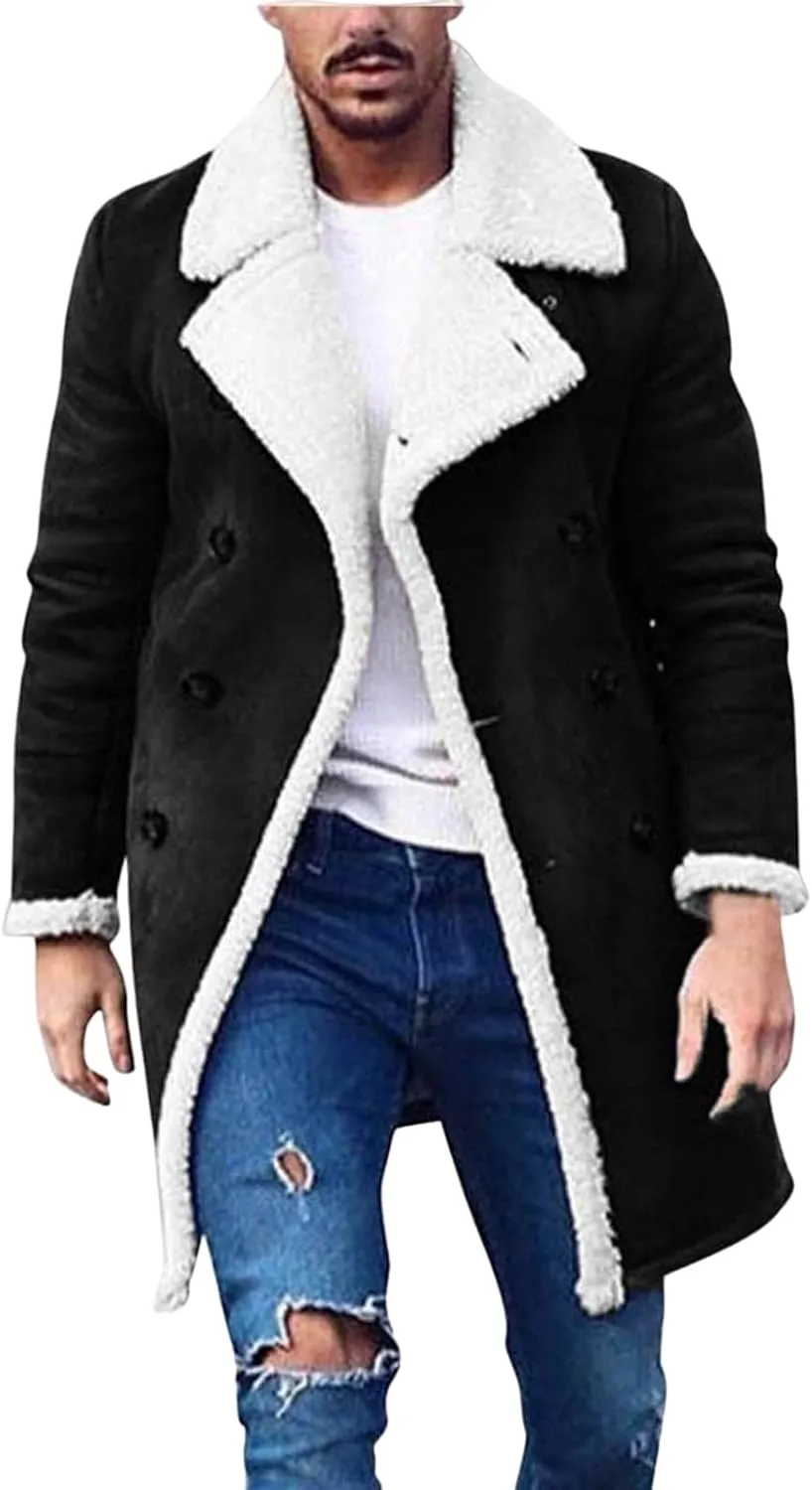 Mens Faux Leather Sherpa Lined Long Jacket Fur Collar Long Trench Coats Sheepskin Fleece Coat Double Breasted with Pockets