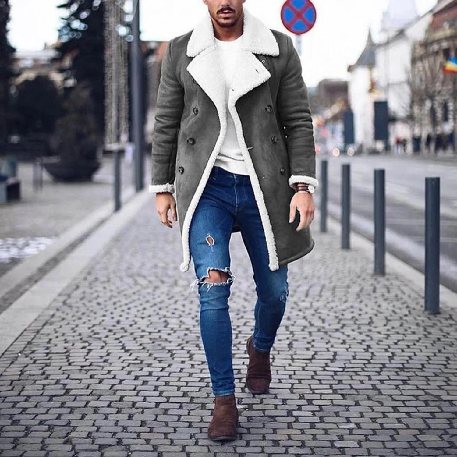 Mens Faux Leather Sherpa Lined Long Jacket Fur Collar Long Trench Coats Sheepskin Fleece Coat Double Breasted with Pockets