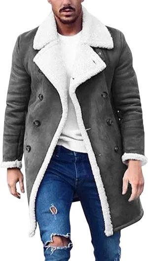 Mens Faux Leather Sherpa Lined Long Jacket Fur Collar Long Trench Coats Sheepskin Fleece Coat Double Breasted with Pockets