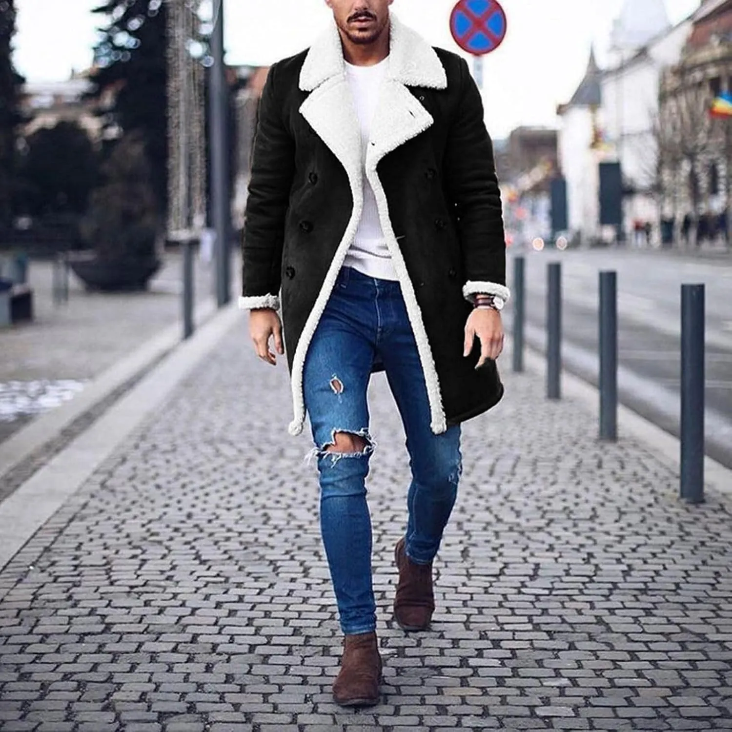 Mens Faux Leather Sherpa Lined Long Jacket Fur Collar Long Trench Coats Sheepskin Fleece Coat Double Breasted with Pockets