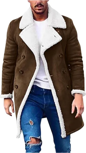 Mens Faux Leather Sherpa Lined Long Jacket Fur Collar Long Trench Coats Sheepskin Fleece Coat Double Breasted with Pockets