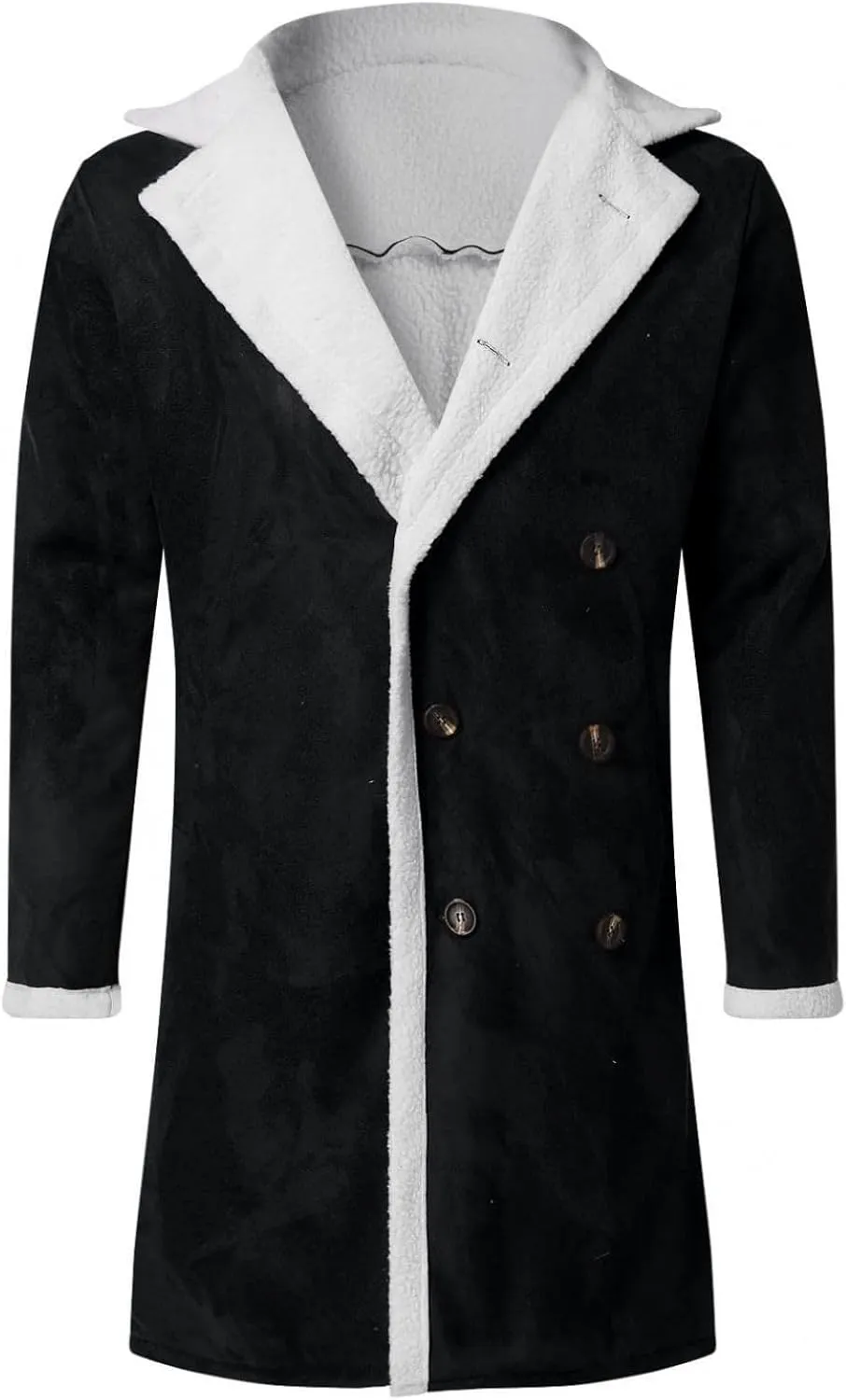 Mens Faux Leather Sherpa Lined Long Jacket Fur Collar Long Trench Coats Sheepskin Fleece Coat Double Breasted with Pockets