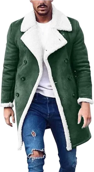 Mens Faux Leather Sherpa Lined Long Jacket Fur Collar Long Trench Coats Sheepskin Fleece Coat Double Breasted with Pockets