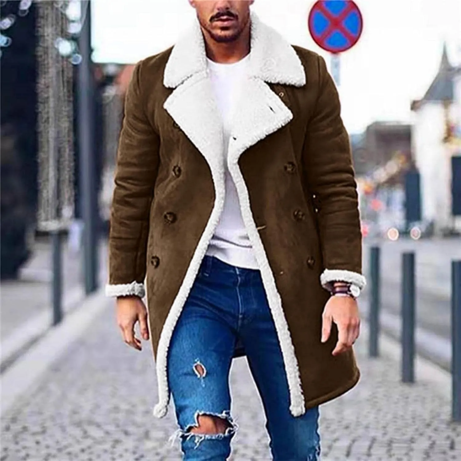 Mens Faux Leather Sherpa Lined Long Jacket Fur Collar Long Trench Coats Sheepskin Fleece Coat Double Breasted with Pockets