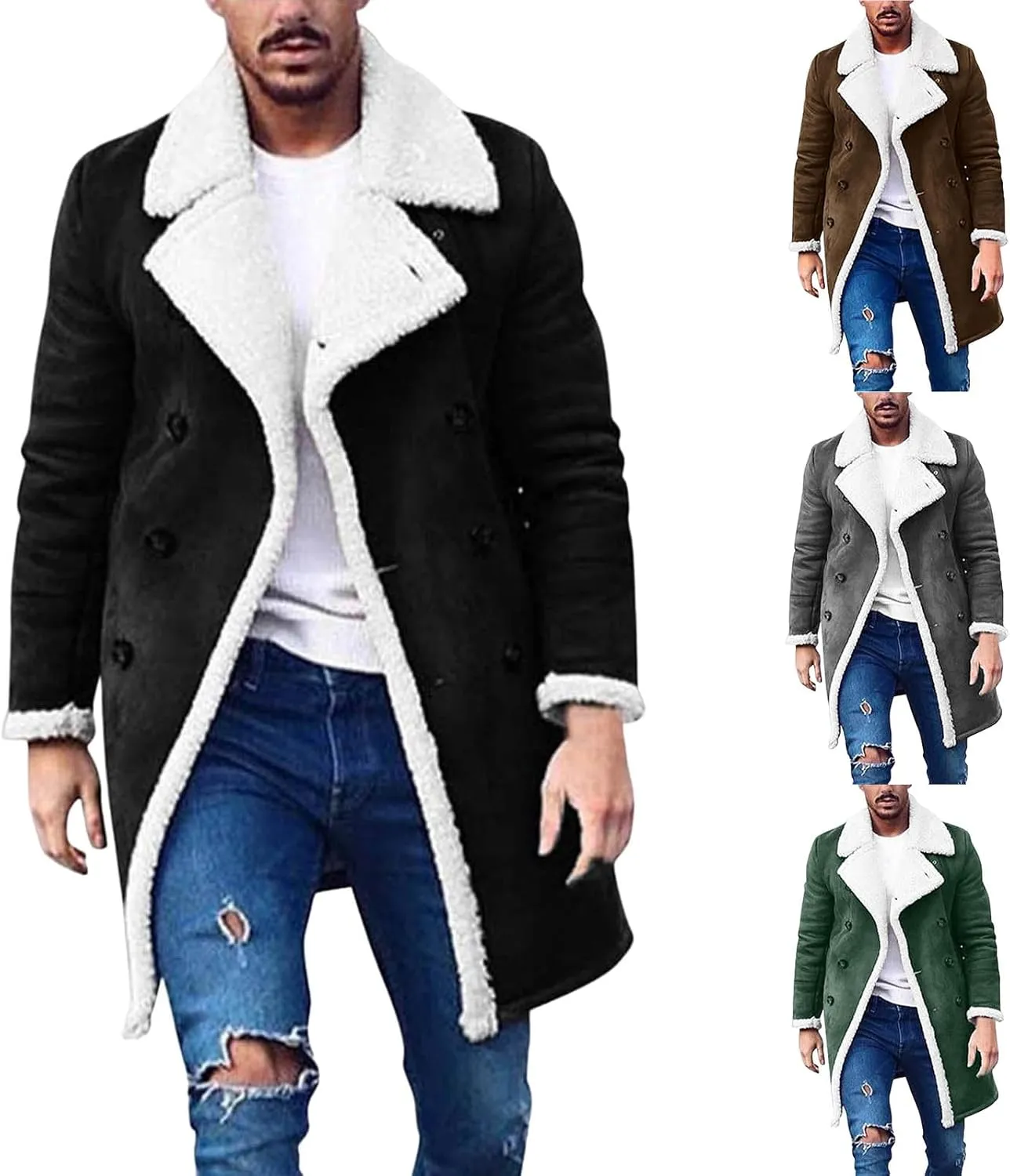 Mens Faux Leather Sherpa Lined Long Jacket Fur Collar Long Trench Coats Sheepskin Fleece Coat Double Breasted with Pockets