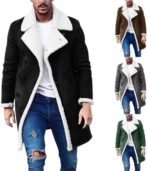 Mens Faux Leather Sherpa Lined Long Jacket Fur Collar Long Trench Coats Sheepskin Fleece Coat Double Breasted with Pockets
