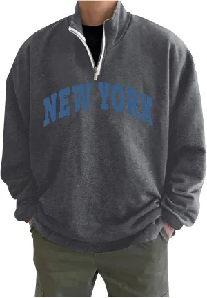 Men's Letter Graphic Print Pullover Crewneck New York Sweatshirt Casual Long Sleeve Tops Oversized Streetwear