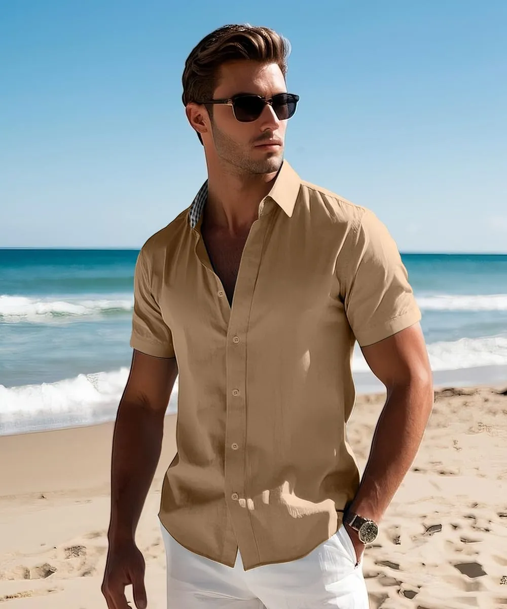 Men's Linen Shirt Short Sleeve Casual Button Down Shirt for Men Summer Holiday Beach Shirt