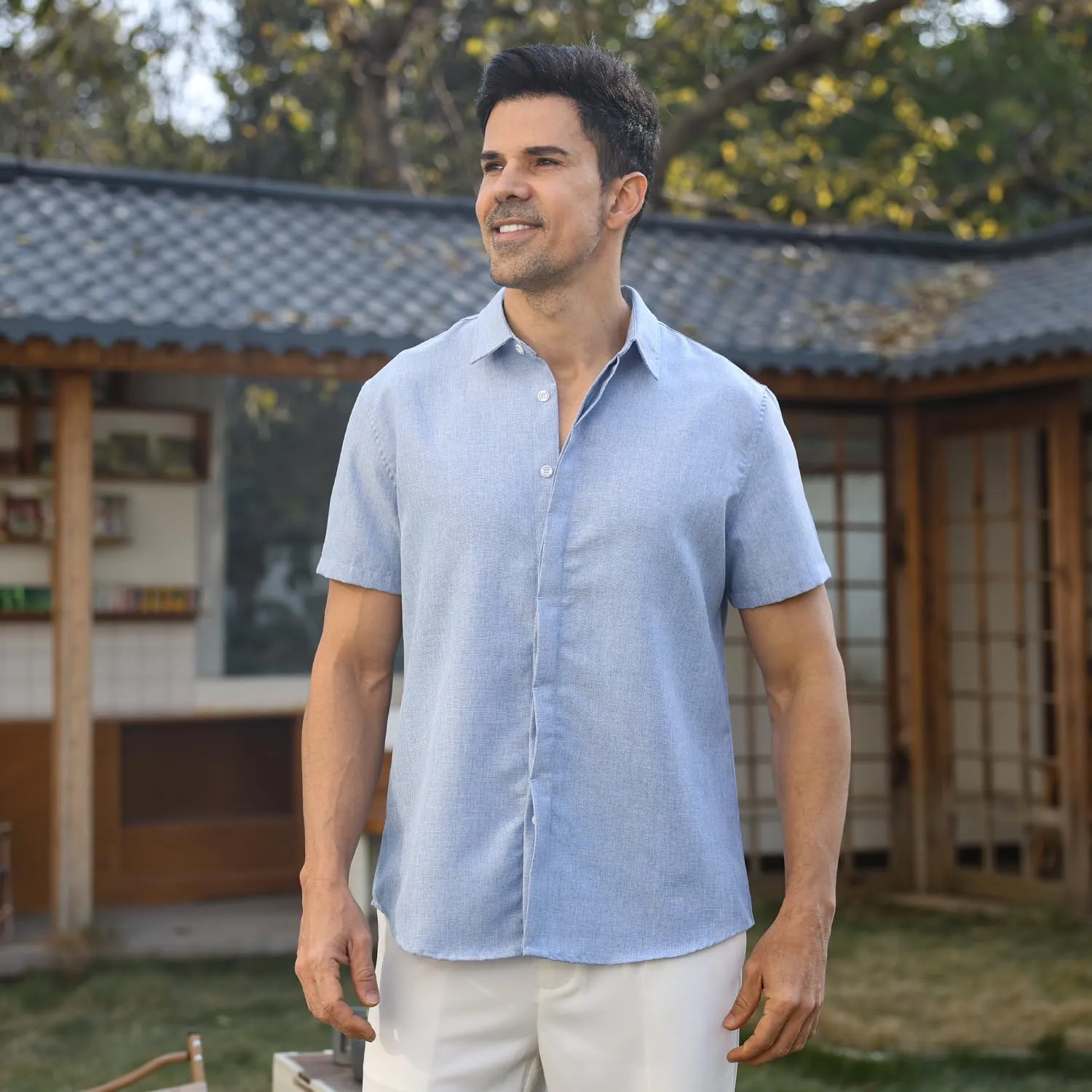 Men's Linen Shirt Short Sleeve Casual Cotton Hawaiian Shirt Men Button Up Summer Beach Dress Tropical Vacation Shirt