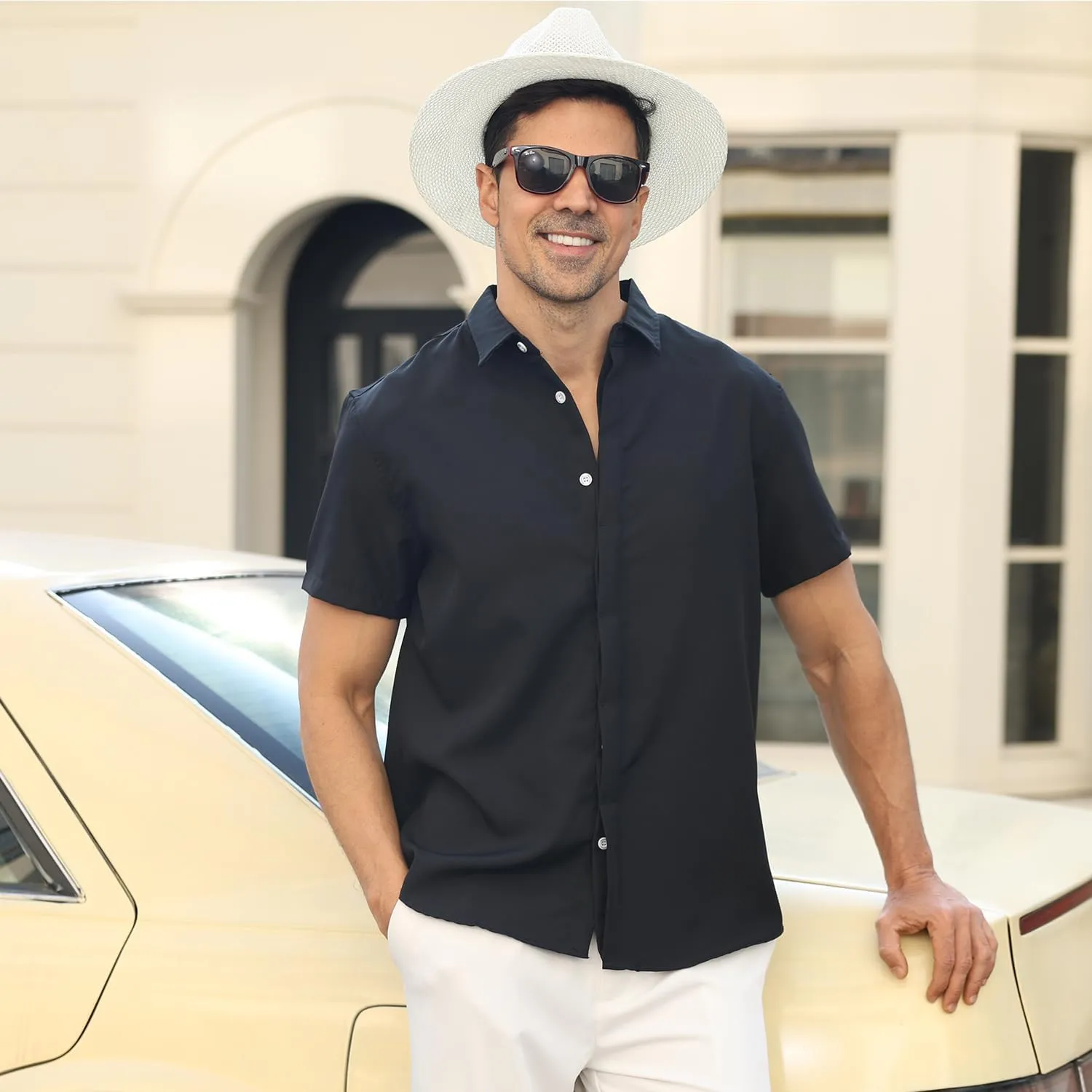 Men's Linen Shirt Short Sleeve Casual Cotton Hawaiian Shirt Men Button Up Summer Beach Dress Tropical Vacation Shirt
