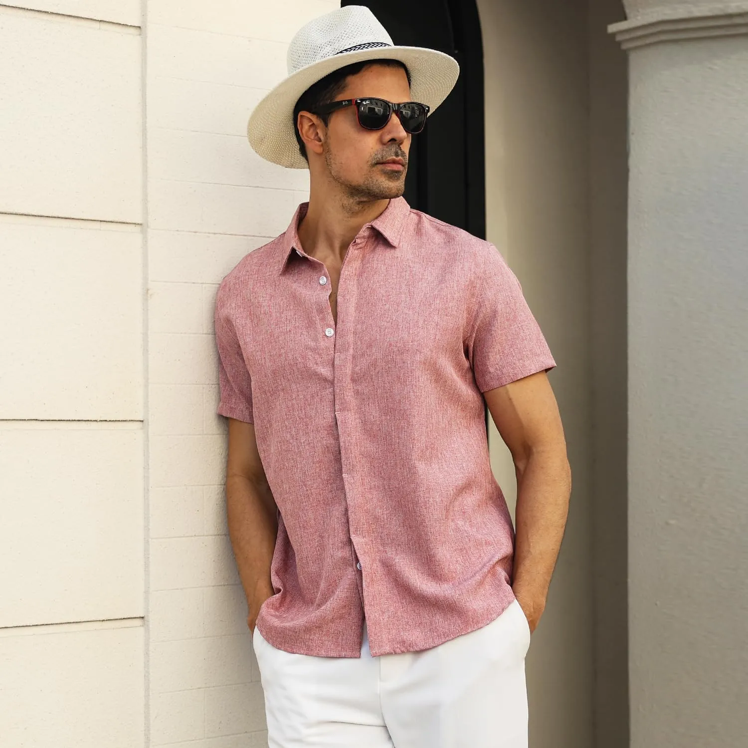 Men's Linen Shirt Short Sleeve Casual Cotton Hawaiian Shirt Men Button Up Summer Beach Dress Tropical Vacation Shirt