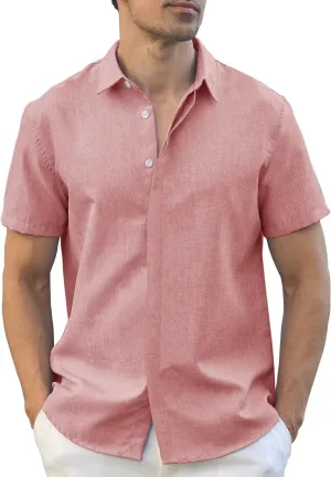 Men's Linen Shirt Short Sleeve Casual Cotton Hawaiian Shirt Men Button Up Summer Beach Dress Tropical Vacation Shirt