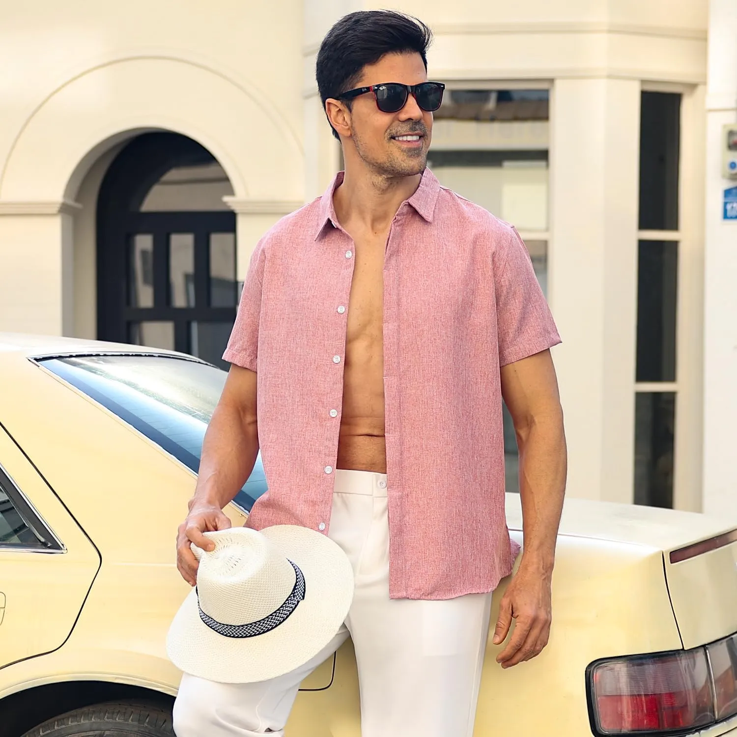 Men's Linen Shirt Short Sleeve Casual Cotton Hawaiian Shirt Men Button Up Summer Beach Dress Tropical Vacation Shirt