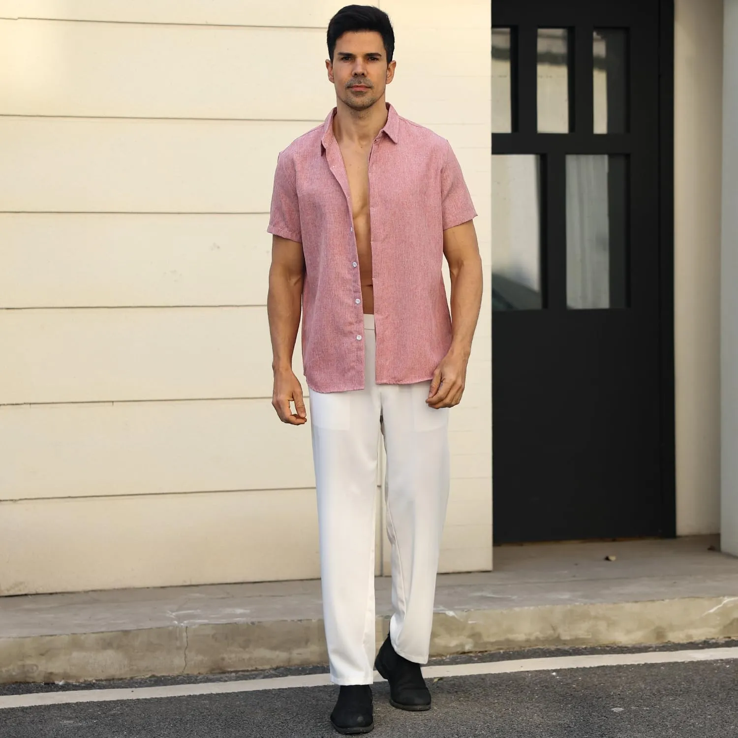 Men's Linen Shirt Short Sleeve Casual Cotton Hawaiian Shirt Men Button Up Summer Beach Dress Tropical Vacation Shirt