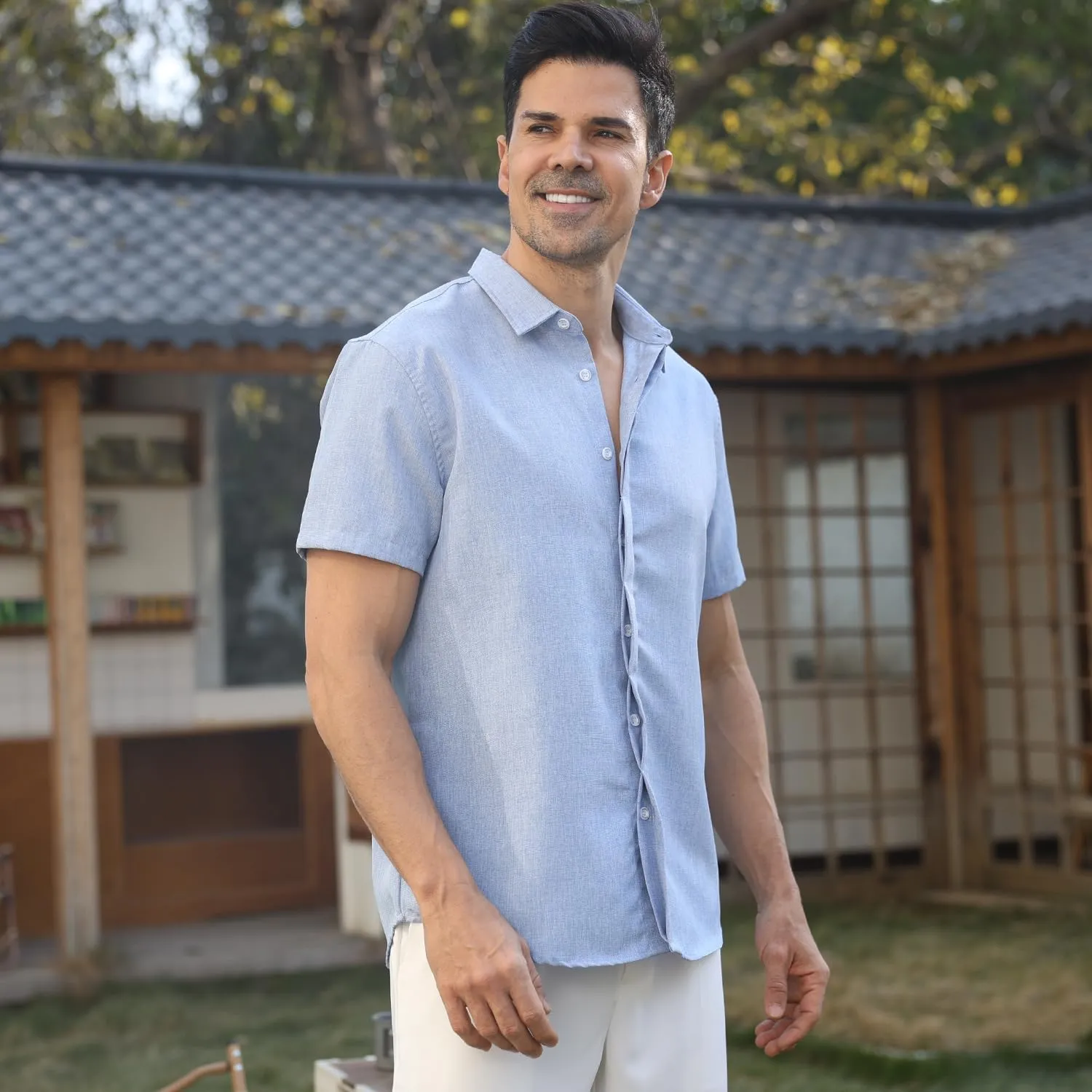 Men's Linen Shirt Short Sleeve Casual Cotton Hawaiian Shirt Men Button Up Summer Beach Dress Tropical Vacation Shirt