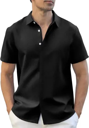 Men's Linen Shirt Short Sleeve Casual Cotton Hawaiian Shirt Men Button Up Summer Beach Dress Tropical Vacation Shirt