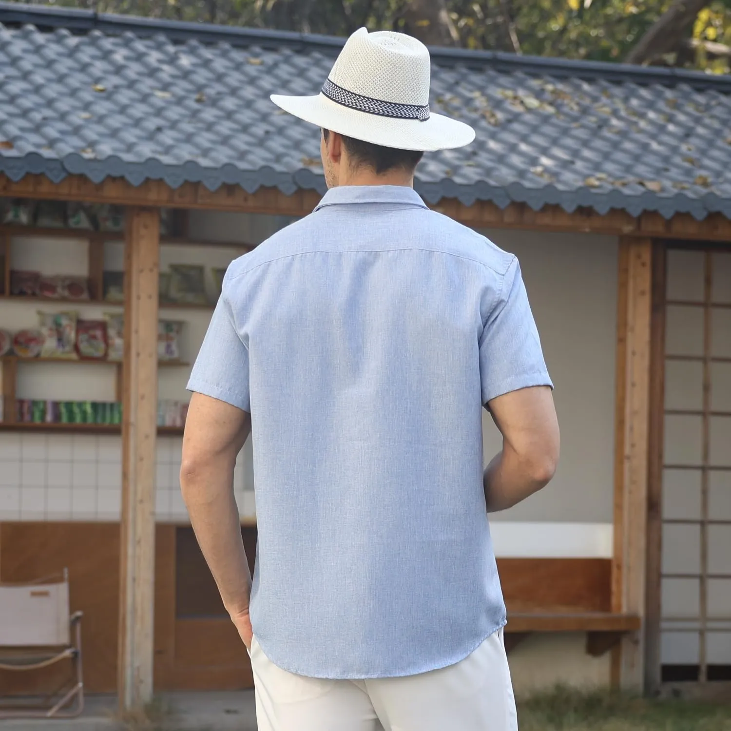 Men's Linen Shirt Short Sleeve Casual Cotton Hawaiian Shirt Men Button Up Summer Beach Dress Tropical Vacation Shirt
