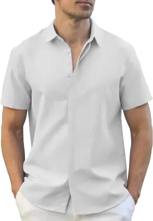 Men's Linen Shirt Short Sleeve Casual Cotton Hawaiian Shirt Men Button Up Summer Beach Dress Tropical Vacation Shirt