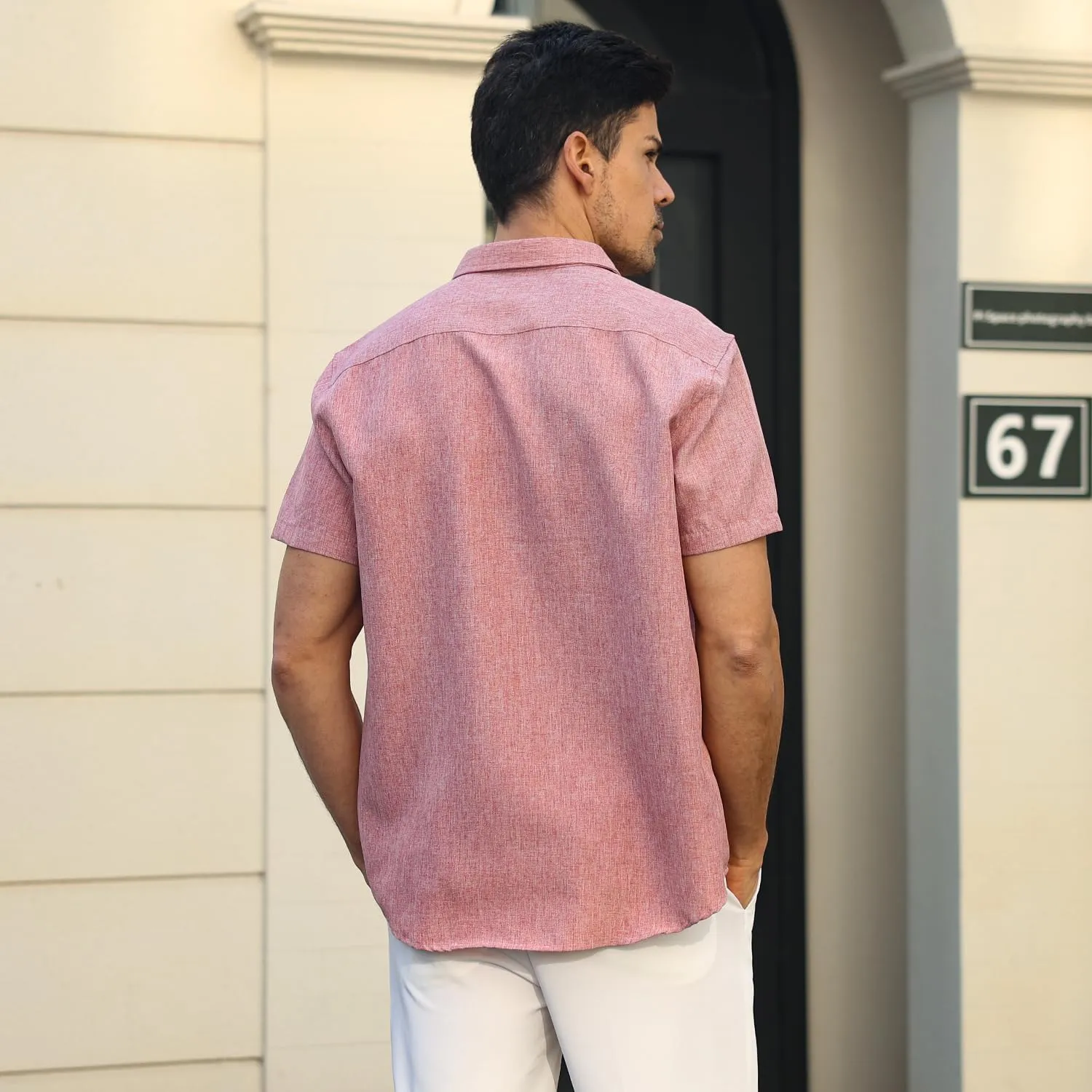 Men's Linen Shirt Short Sleeve Casual Cotton Hawaiian Shirt Men Button Up Summer Beach Dress Tropical Vacation Shirt