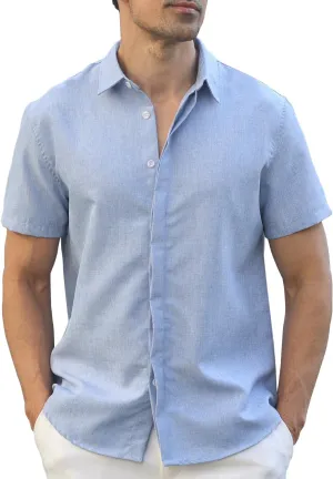 Men's Linen Shirt Short Sleeve Casual Cotton Hawaiian Shirt Men Button Up Summer Beach Dress Tropical Vacation Shirt