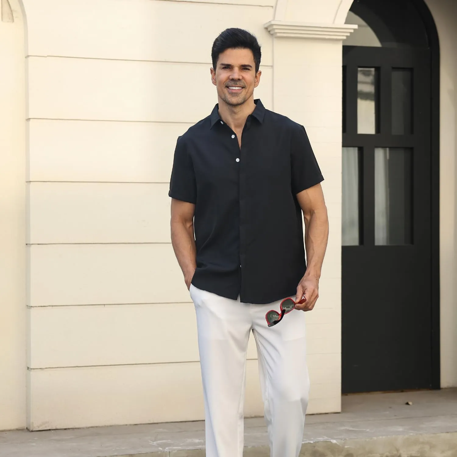 Men's Linen Shirt Short Sleeve Casual Cotton Hawaiian Shirt Men Button Up Summer Beach Dress Tropical Vacation Shirt