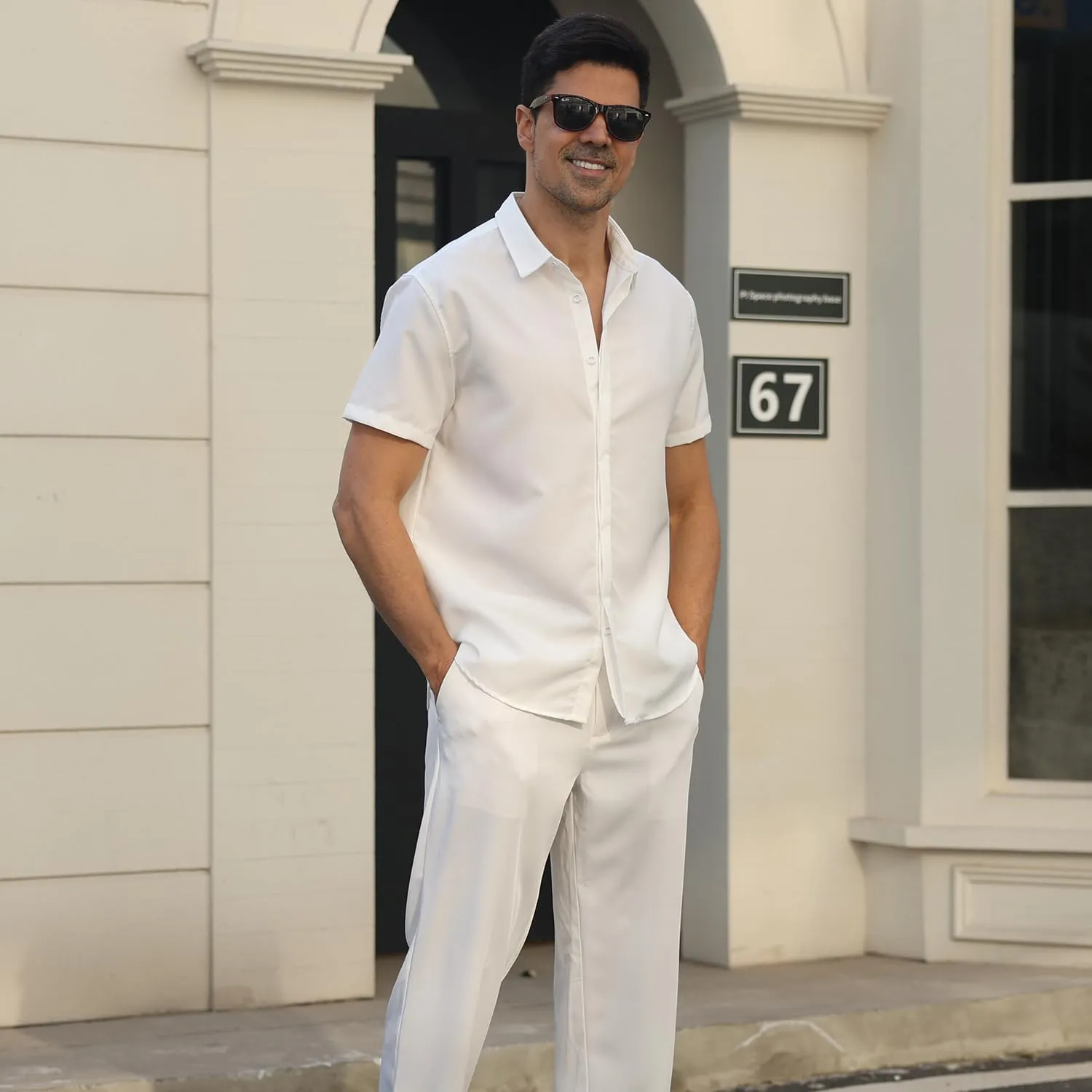 Men's Linen Shirt Short Sleeve Casual Cotton Hawaiian Shirt Men Button Up Summer Beach Dress Tropical Vacation Shirt