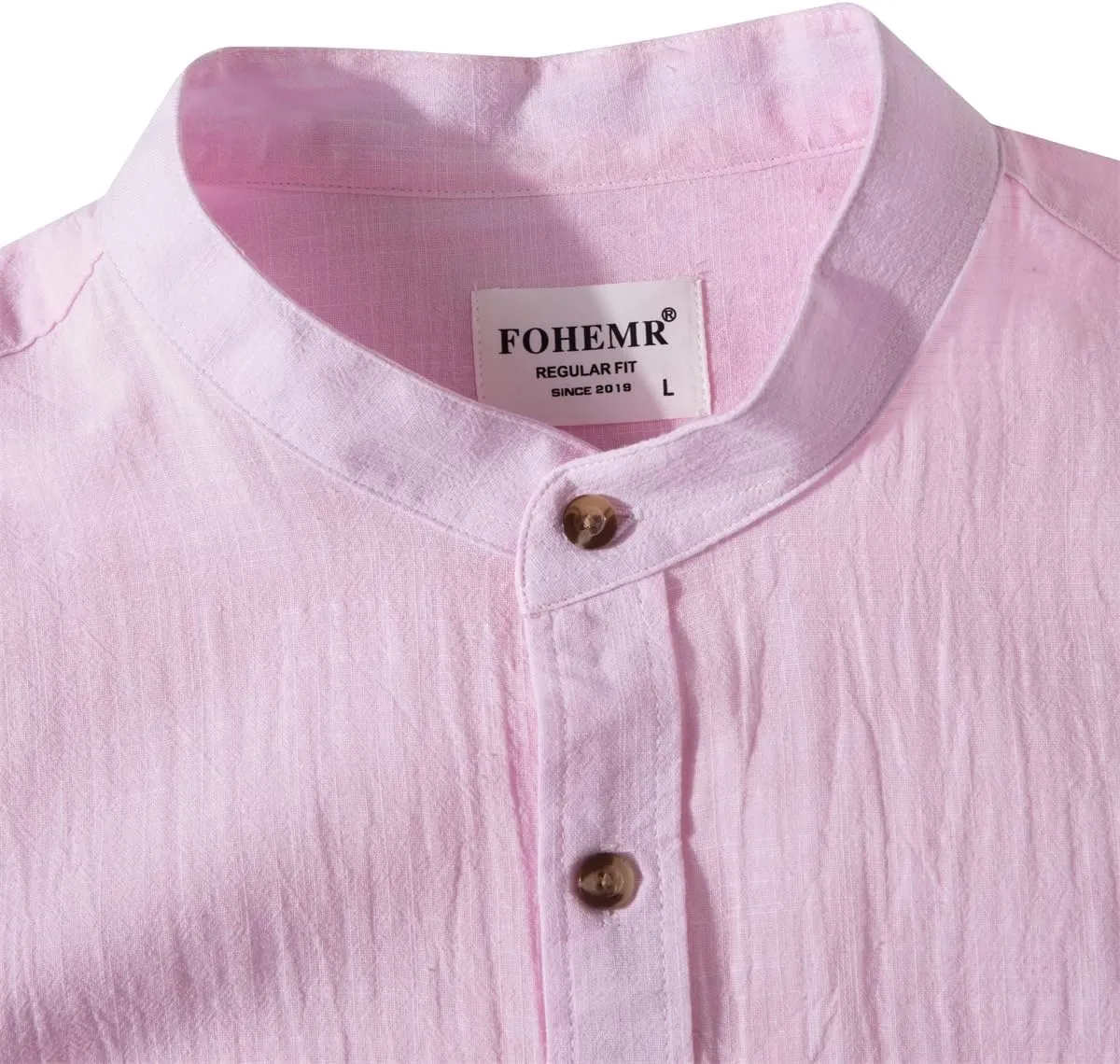 Mens Long Sleeve Cotton Linen Shirt Button Down Beach Band Collar Casual Shirt Button Up Summer Shirt Tops with Pocket