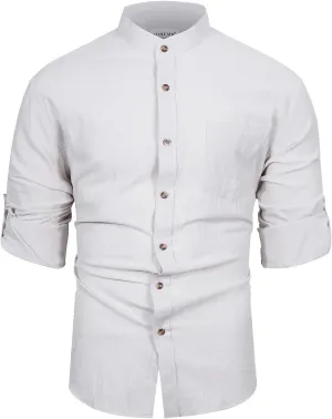 Mens Long Sleeve Cotton Linen Shirt Button Down Beach Band Collar Casual Shirt Button Up Summer Shirt Tops with Pocket