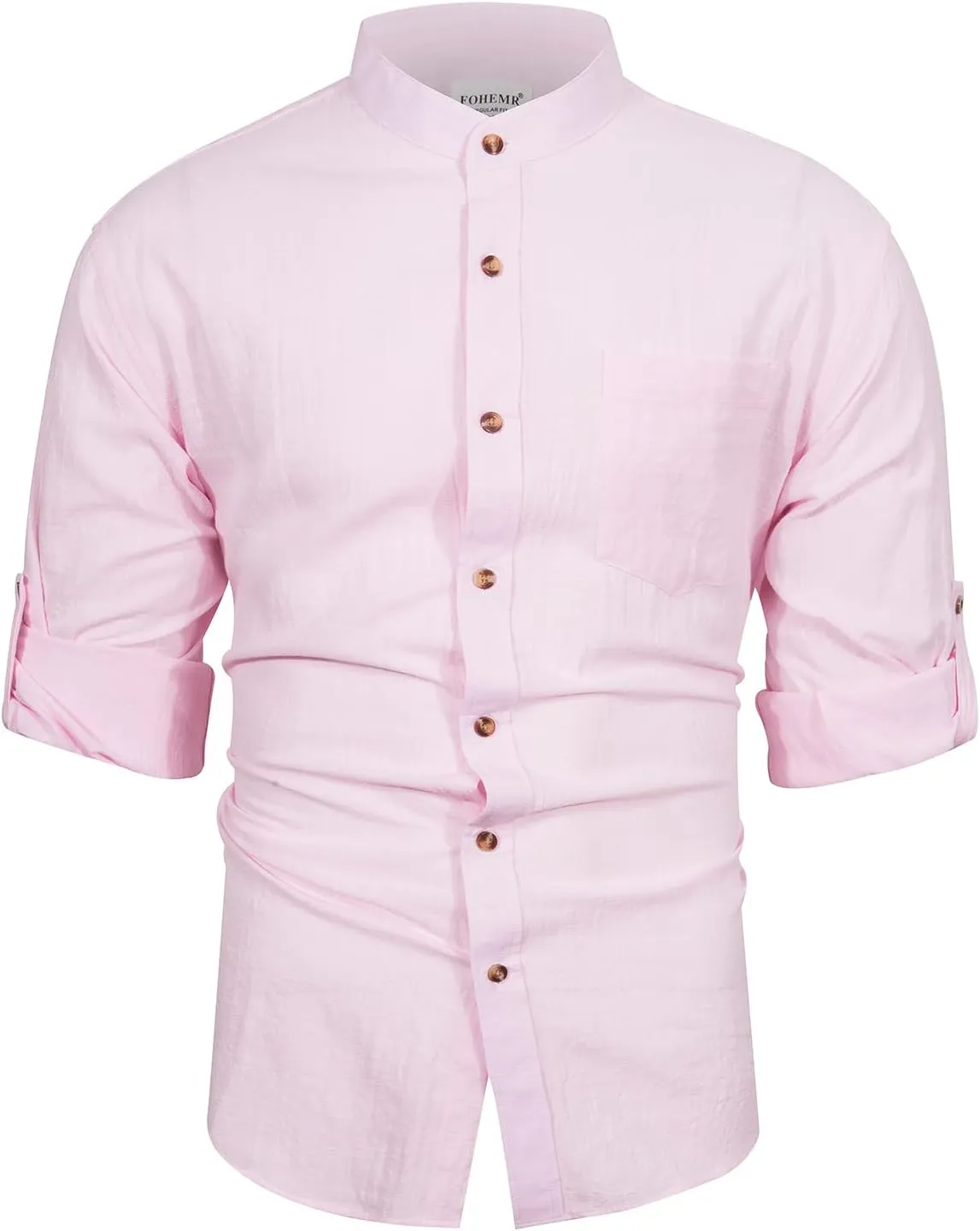 Mens Long Sleeve Cotton Linen Shirt Button Down Beach Band Collar Casual Shirt Button Up Summer Shirt Tops with Pocket