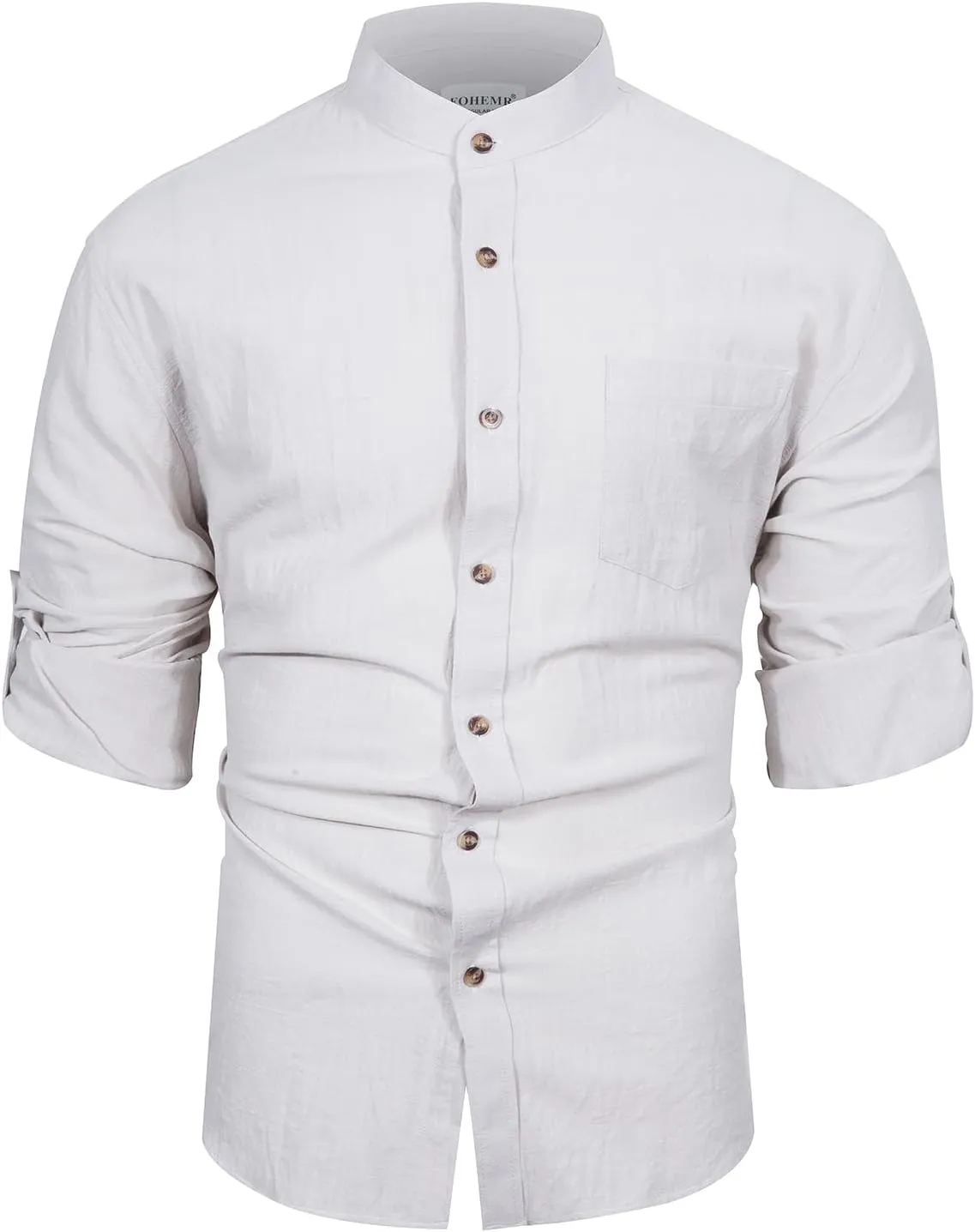 Mens Long Sleeve Cotton Linen Shirt Button Down Beach Band Collar Casual Shirt Button Up Summer Shirt Tops with Pocket
